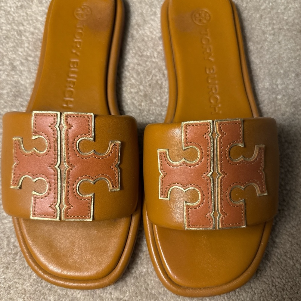 Tory Burch Tan and Brown Logo Slide Sandals